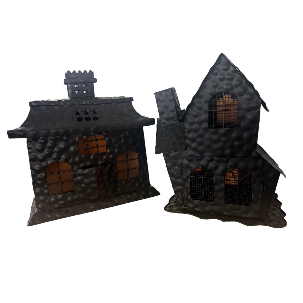 Black Hammered Metal Haunted House Candle Holder Set Halloween Decor 2pc Vintage